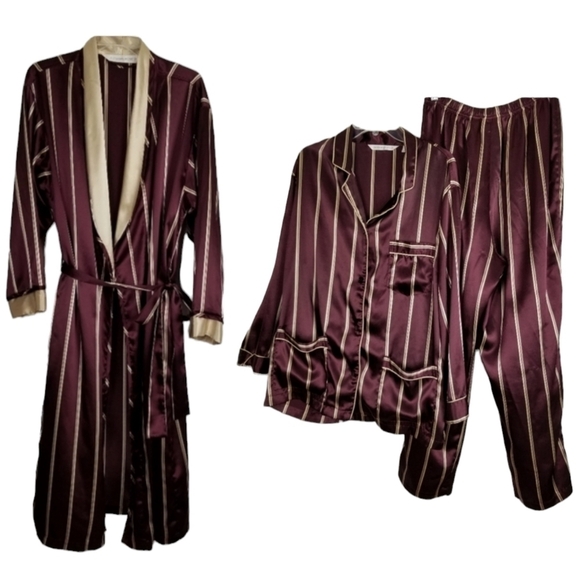Victorias Secret Pajamas  Robe 3 Piece Set Size L/M Maxi Length Maroon & Gold - Picture 1 of 16